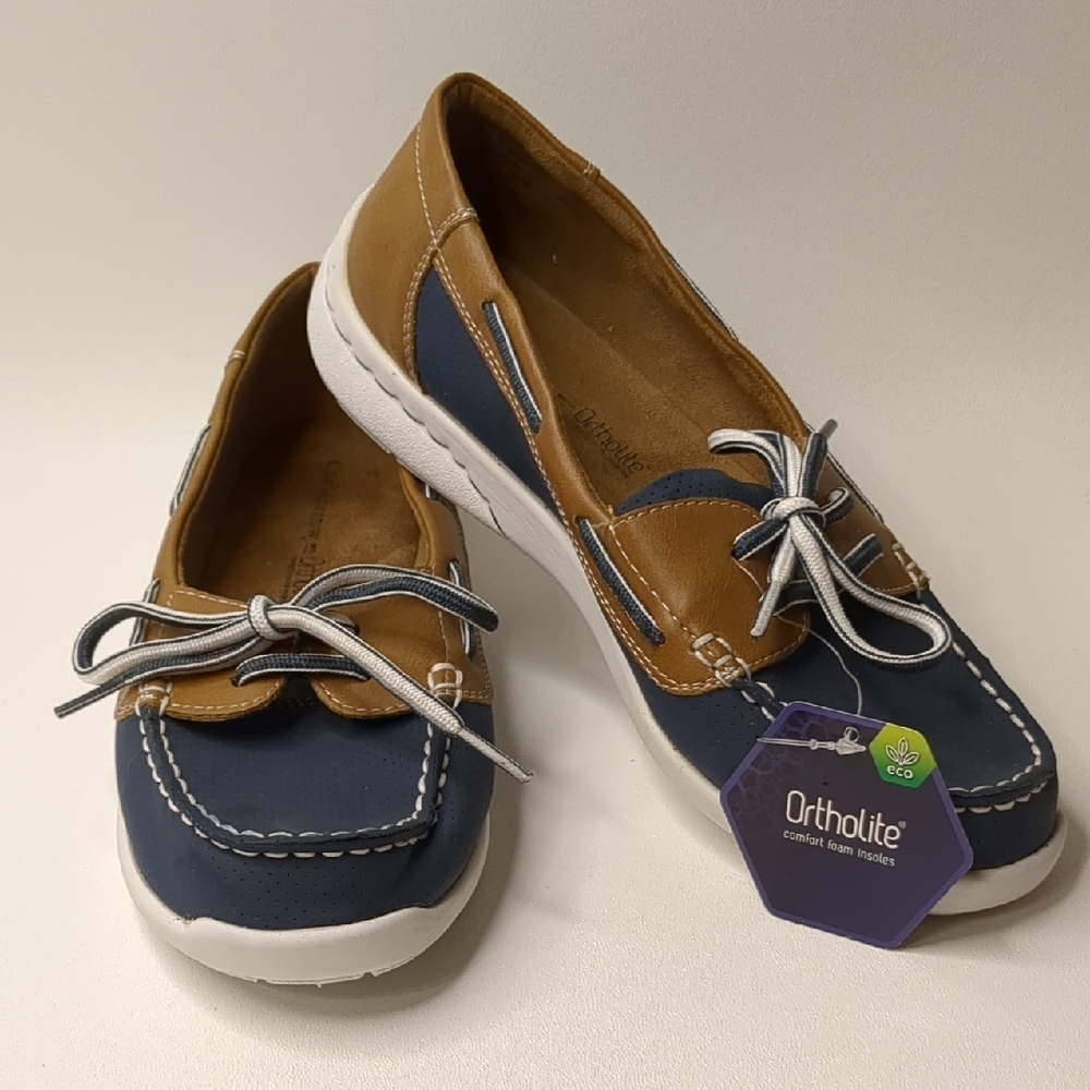 Women's Navy and Tan Boat Shoes